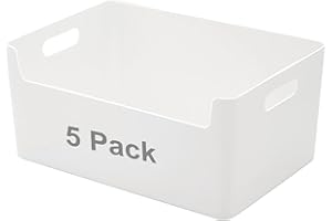LYLIDIA 5pcs Boîtes de Rangement en Plastique Panier de Rangement avec Poignées Blanc Bac Plastique Rangement Placard Cuisine Caisse Rangement Salle de Bain Bureau (2 tailles)