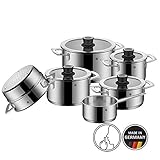 Inhalt: 1x Bratentopf Ø 20 cm (V 2,5l), 3x Fleischtopf Ø 16, 20, 24 cm (V 1,9l, 3,3l, 5,7l) - jeweils mit Deckel inkl. Thermomete , 1x Stielkasserolle Ø 16 cm, 1x Dämpfereinsatz Ø 20 cm - Artikelnummer: 0770069990