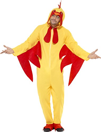 Smiffys Adult men's Chicken Costume, Hooded All in One, Party Animals, Serious Fun, Size L, 27857
