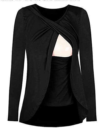 Preisvergleich Produktbild Swallowuk Damen Schwanger T-Shirt Umstandsmode Stillshirt Umstandsshirt Mutterschaft Umstandstop (M, Schwarz)