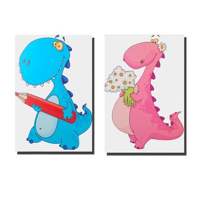 Pair of Kids Nursery Dinosaur Pictures, Bedroom Playroom Canvas Wall Art 40 x 30