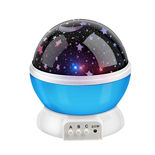 BestFire Novelty 360 Rotating Round Night Light Projector Lamp (Star Lune Sky Projecteur, 3 Modèle Lumière, Batterie USB Powered) Romantique Décoration Lampe Grand Cadeau pour les Enfants (Bleu)