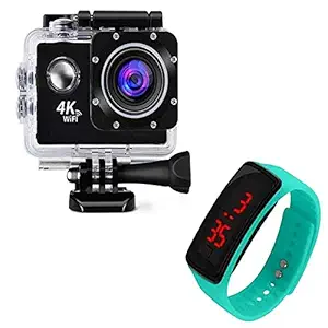 Raptas Ultra HD 4K WiFi Action Waterproof Sport Camera with 2 Inch LCD Screen with Silicone Bracelet Led Digital Led Watch Having Big Screen Watch