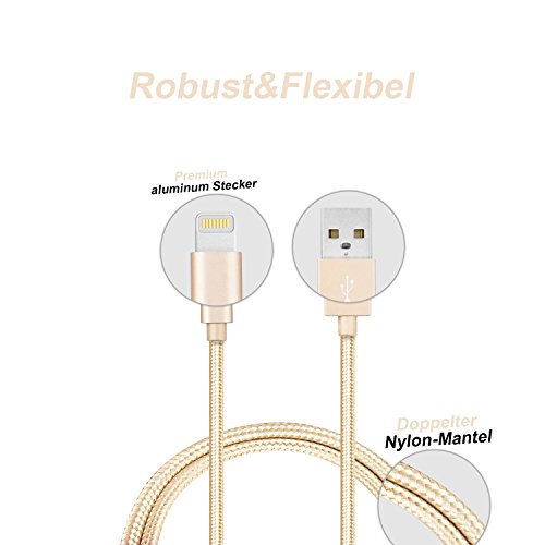 GlobaLinkÂ® Lighting to USB Charger Cable for iPhone, Extra Long and Ultra Durable USB Braided Charging and Syncing Cord for iPhone 5 5s 5c 6 6 Plus 6s 7 7 Plus, iPod 7, iPad mini mini 2 mini 3, iPad Air iPad Air 2 [Lifetime Guarantee Servies] 3 Pack, 1M 2M 3M, Gold