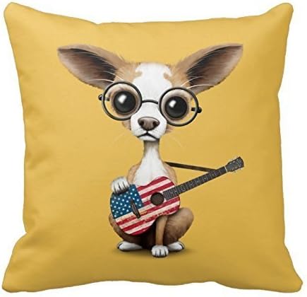 Chihuahua Puppy Dog Playing American Flag Guitar Throw Pillows Custom Throw Pillow Case Personalized Cushion Cover Pillowcase Square Pillow Cover 18x18