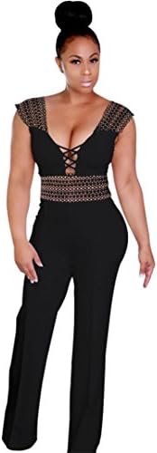 Hmeng Women Lace Sexy V-Neck Sleeveless High Waist Flared Party Jumpsuits Rompers Wide Leg Pants (Black, L)