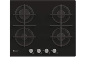 Candy Piano Cottura a Gas 4 Fuochi in Vetro Temperato, Griglie in Ghisa Lavabili in Lavastoviglie, Sistema di Sicurezza, 59,5 x 51 x 9,5 cm, Nero - CVG6B