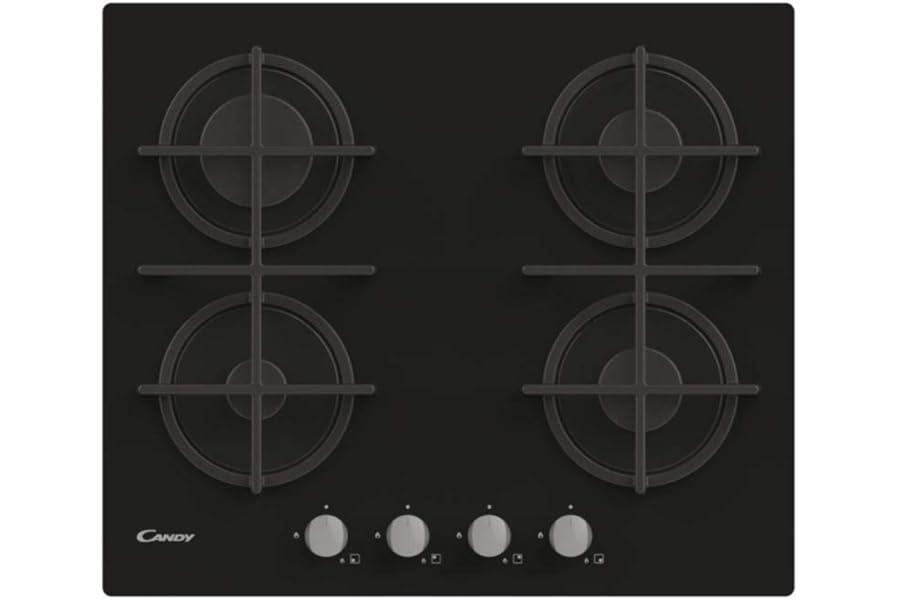 Candy CVG6B 4-Burner Tempered Glass Gas Hob, Dishwasher Safe Cast Iron Grills, Safety System, 59.5 x 51 x 9.5 cm, Black