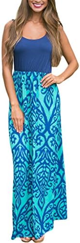 Annflat Women's Damask Print High Waist O-Neck Sleeveless Beach Long Boho Dress Large Light Blue