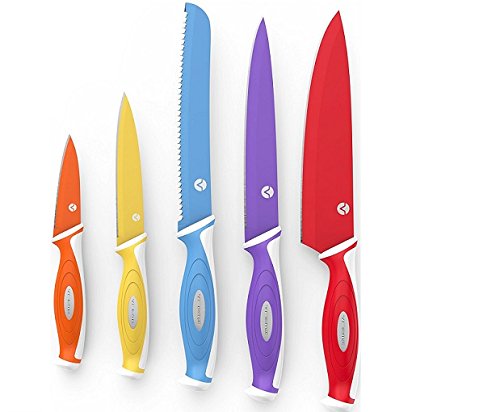 Vremi 10 Stück Buntes Messerset - 5 Küchenmesser mit 5 Messerhüllen - Edelstahl-Messer-Set mit Wellenschliff und Gemüsemesser - Mehrfarbige messer mit Farbiges passendes Gehäuse