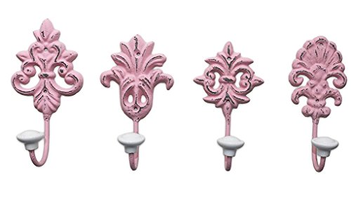 4 Stück Wandhaken rosa Gußeisen Shabby Chic Haken Nostalgie Metallhaken hellrosa altrosa Garderobe Vintage rose rosenholz Ornamente Barock Shabby Chic Garderobenhaken