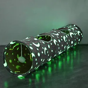 LUCKITTY Cat Tunnel Tube with Plush Ball Toys Collapsible Self-Luminous Photoluminescence, for Small Pets Bunny Rabbits, Kittens, Ferrets,Puppy and Dogs Grey Moon Star