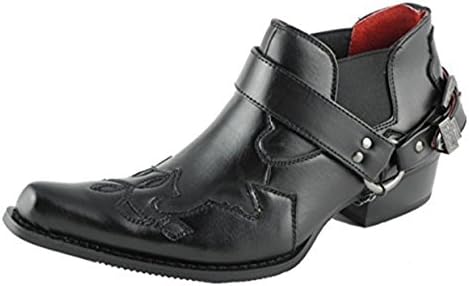 Men's Leather Look Cowboy Western Harness Chain Buckle Boots Size 6-1 (10, Black)