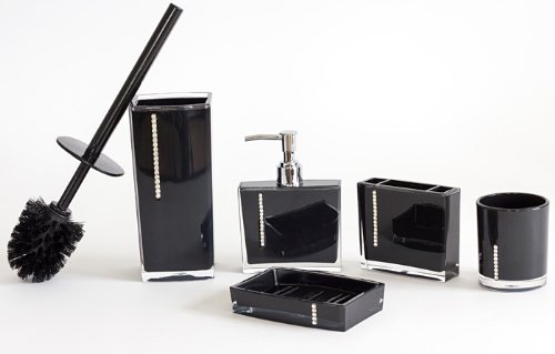 Edle mit Strass besetzte Bad Garnitur (5-teilig: Seifenspender / Zahnbürstenhalter / Zahnputzbecher / WC-Bürste / Seifenschale) Farbe: SCHWARZ