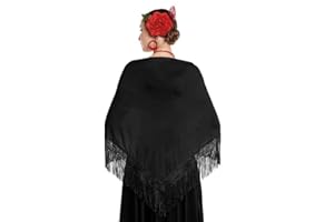 JORXG Mantón de Manila bordado de flor colores liso para mujer niña, Manton de Flamenco para el Vestido de Feria, Sevillana o Flamenca Color Negro Rojo Blanco Rosa Azul