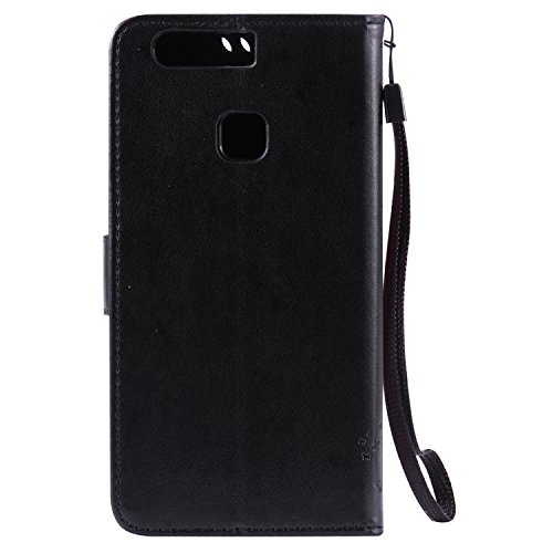 Cozy Hut Mehrfarbige PU Leder Klappe Tasche Schutz Hülle für Huawei P9 Plus in Ölmalerei Stil Colorful Painting Flip Case KunstLedertasche Etui Schutz Hülle Handytasche mit Standfunktion Kartenfächern(Katzen und Baum) – schwarz - 2