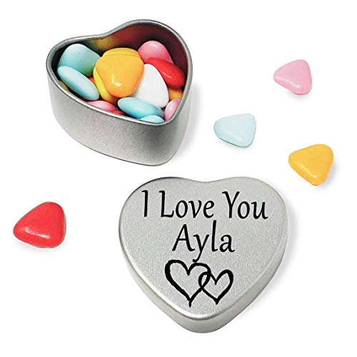 I Love You Ayla Mini heart shaped silver gift tin filled with mini chocolates. Great as a birthday present or a gift to show someone special how much you love them