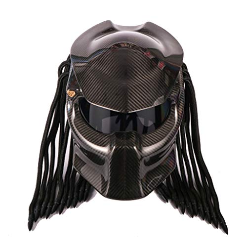 Motocicleta Casco Depredador Mascarilla Completa Fibra de Carbono Hombre de Hierro con Flecos Trenzas Luz LED - Incluye aprobación ECE (Tamaño : L)