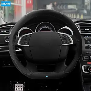 NIKAVI Flat Bottom Steering Wheel Cover, Genuine PU Leather D-Shape Steering Wheel Cover (Black)