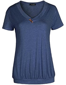 Fleasee Damen Frauen Casual T-Shirt Kurzarm Stretch Falten Tunika Bluse Sommer Obteile Shirts mit Knöpfen V-ausschnitt