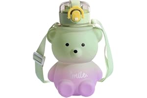 Labstandard Kawaii Bear Water Bottle With Straw, 800ml Leak-Proof Kawaii Bear Shaped Water Bottle with Belt Cute Gradient Colorful Kawaii Drinking Bottle For Girls School Office Travel (Green purple)
