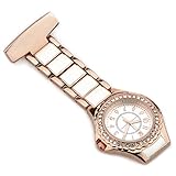 Ellemka JCM-2109 - Stilvolle Schwesternuhr Ansteckuhr FOB medizinisch-e Kittel-Uhr Analog Krankenhaus Pflege-r Krankenschwester Quarz Clip Keramik Inlay - Farbe Rosa Gold mit Kristallsteinen