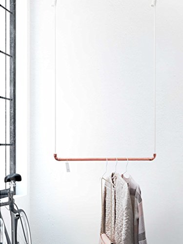Design Kleiderstange von rod & knot – THE COPPERROPE aus Kupfer und Baumwollseil (weiß) hängend, Decken-Besfestigung, Kleiderständer oder Garderobe, Vintage, Antik, Rosegold – 110 cm - 2