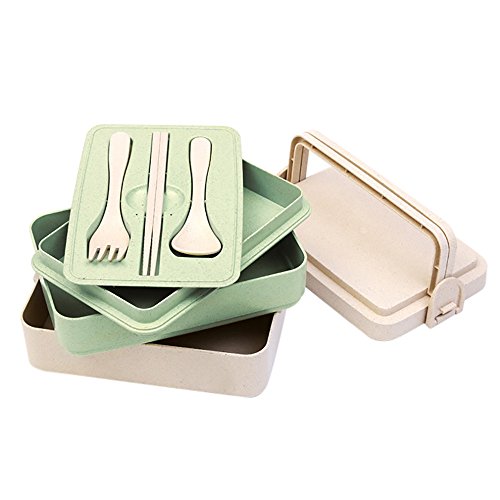 Preisvergleich Produktbild SOMESUN Student Brotdose Kinder Besteckset Gesund Lebensmittelqualität Weizenstroh Essstäbchen Gabel Teelöffel Lebensmittelbehälter Tragbar Reisen Besteck Schule Hause Küche Geschirr Set