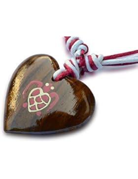 Halskette Holz Herz Schildkröte weiß rot, Handarbeit