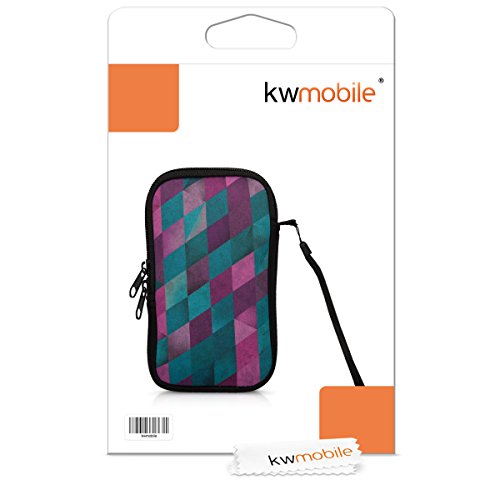 kwmobile Custodia in neoprene con zip per smartphone M - 5,5 - porta cellulare a sacchetto con cerniera - custodia verticale con Design mosaico multicolore fucsia menta