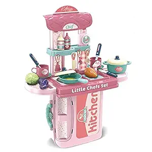 Cable World Plastic 3 in 1 Portable Pretend Food Party Role Cooking Kitchen Play Set Toy for Boys and Girls - Pink