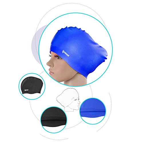Ipow 2-Stück Hochwertige Silikon Badekappe Bademütze Badehaube für lange Haare gesund und warm Swim Cap (Schwarz + Blau) - 4