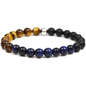 KOMIMAR HERREN ARMBAND PERLEN ARMBAND MEDITATION BRACELET - Bangle Bead Perlen Armband Edelstein Tigeraugen blue Tigereye Onyx bracelet Spirituell Herren Armband - Edelstein Armband - Surfer Armband - Heilstein Armband - Power Armband - elastisches Perlen Armband - Strand Schmuck - Geschenkidee Valentinstag