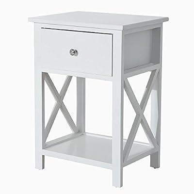 HOMCOM Table de Chevet Table de Nuit Style Cosy avec Croix Latérales Tiroir et Etagère Bois Blanc