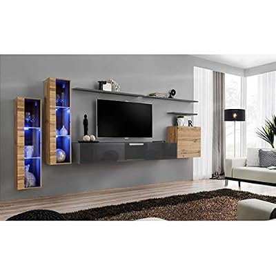 AC-Déco Ensemble Mural - Switch XI - 2 vitrines LED - 1 Banc TV - 1 vitrine carrée - 3 étagères - Bois et Graphite - Modèle 1