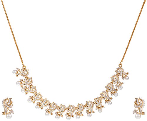 Mahi Pearl Necklace Set in CZ Crystal Diamonds with Gold & Rhodium Plated by Sempre of London