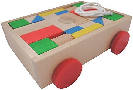 HARMEX ECO WOODEN KIDS PULL ALONG WAGON [KW-01] with BUILDING BLOCKS - set of 24 blocks