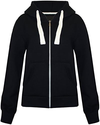 NEW WOMEN PLAIN ZIP HOODIES SWEATSHIRT JUMPER LADIES FLEECE HOODED JACKET TOP UK SIZE 8-26 (3XL/4XL 28-30, BLACK)
