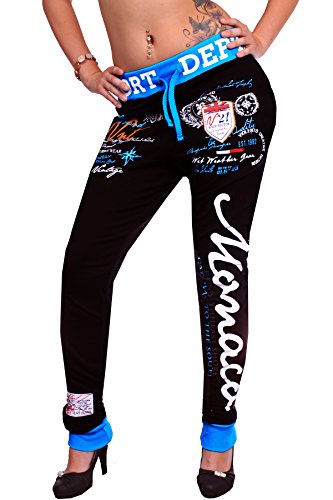 Damen lange Trainingshose | Monaco Sporthose R-478 (M-fällt größer aus, Schwarz-Blau)