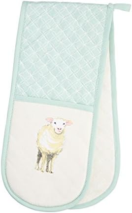 KitchenCraft 100% Cotton 'Farmyard Animals' Printed Double Oven Gloves, 86 x 18 cm (34" x 7") – Cream / Sage Green