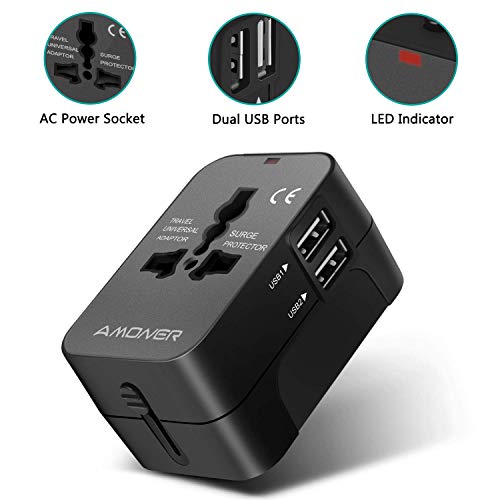 Amoner Adaptateur d'alimentation International 2 Ports USB pour Voyage dans Le Monde Entier Noir