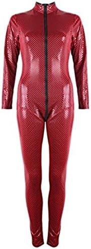 Harrowandsmith British fashion store women's jumpsuit romper onesies all in one play suite hot red and black sheathly snake skin zipper front faux leather jumpsuit (Xlarge/10-12, Red)
