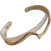 MITH SB TAKI Paslanmaz &Ccedil;elik Manşet Bilezik, Altın Rengi, Sedef Detaylı, Unisex, Dalga Tasarımlı, Yetişkin, 7x5.5 cm, 18K Alt