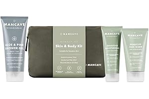 ManCave Kit Skincare con Beauty Uomo, Set Regalo Uomo con Detergente Viso, Idratante, Doccia Gel, Kit Viaggio per Pelli Sensibili, Dermatologicamente Testato, Vegano, Prodotto in Inghilterra