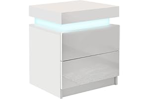 CLIPOP Comodino Lucido con LED, 2 Cassetti Tavolino Comodino con 16 colori RGB luci LED, Comodini Cassettiera per soggiorno camera da letto