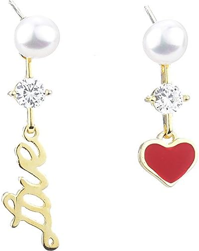 Luckyfree 925 Pure Silver Asymmetric Earrings Pearl Ears Letter Love Ear Fall,Gold