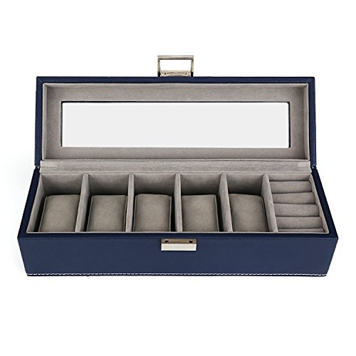 amzdeal Neueste Uhrenkasten Schmuckkasten für 6 Uhren und Ring Ohrringe mit Glasfenster