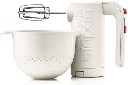 Bodum 11520913UK Bistro Electric Hand Mixer Perfect for whipped cream mashed potatoes kneading bread dough or mixing cake batters 200 watts 5 Speed settings Made from stainless steel plastic rubber and silicone Includes stirring wands dough hooks and whisk - White