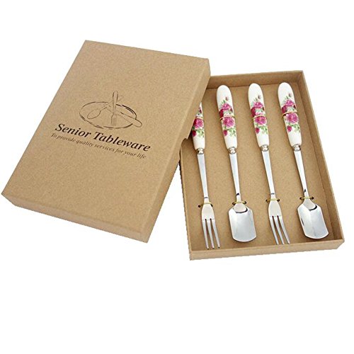 Stainless Steel Ice/Coffee Spoon and Dessert Fork Set with Porcelain Handle, Gift-packaged
