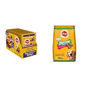 Pedigree Dog Treats Meat Jerky Stix, Roasted Lamb, 12 Packs (12 x 80g) & Biscrok Biscuits Dog Treat (Above 4 Months), Milk and Chicken Flavor, 500g Pack
